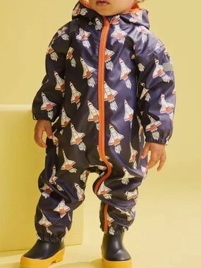 Hatley- Kids Navy Rocket Print Waterproof One-Piece with Orange Zip